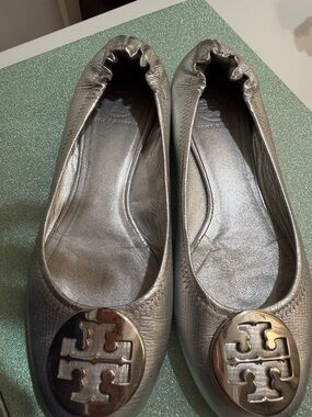Tory Burch Silver Metallic Logo Ballet Flats